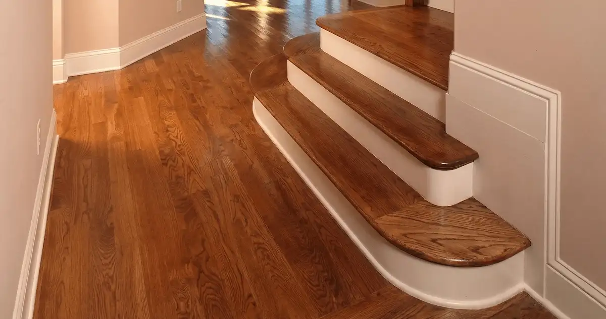 Base floor of a staircase with professionally restored wood flooring in El Paso TX